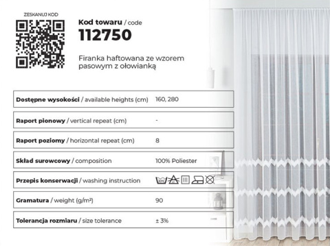 Firanka haftowana, pasowa z ołowianką, wys.280cm, kolor biały z szarym i srebrnym 112750/OLO/002/000280/1