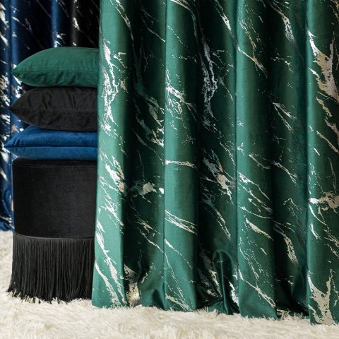 MARMA Tkanina na zasłony, wys. 300cm, kolor 010 ciemny zielony; butelkowy ze srebrnym nadrukiem na VELVI TD0037/TDP/010/000