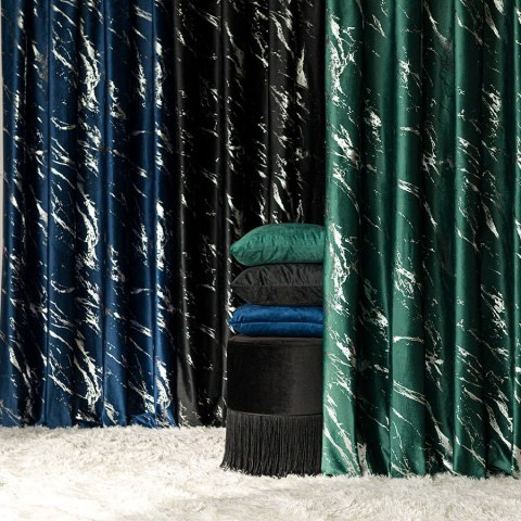 MARMA Tkanina na zasłony, wys. 300cm, kolor 010 ciemny zielony; butelkowy ze srebrnym nadrukiem na VELVI TD0037/TDP/010/000