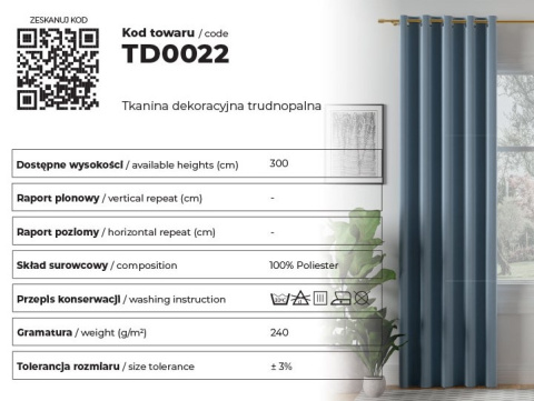 SUPER BLACKOUT Tkanina na zasłony 100% blackout, wys. 300cm, kolor 019 niebieski TD0022/TDP/019/000300/1