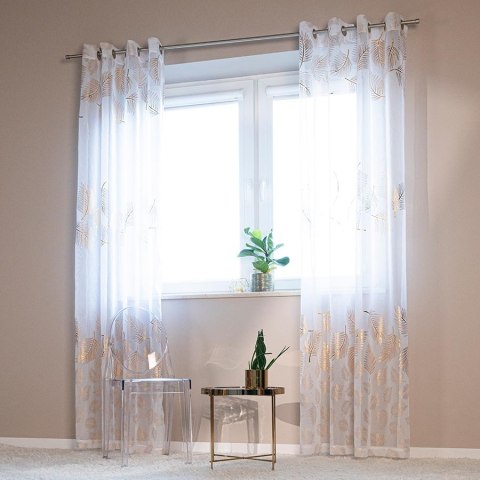 MARIETTA Firana gotowa na przelotkach z ołowianką, 250x140cm, kolor biały ze złotym zdobieniem