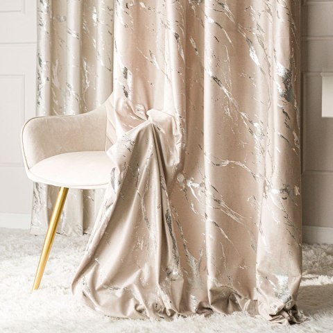 MARMA Zasłona gotowa na taśmie, 250x140cm, kolor 015 ciemny kremowy ze srebrnym nadrukiem na VELVI TD0037