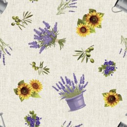 SŁONECZNIKI Z LAWENDĄ Tkanina dekoracyjna OXFORD WODOODPORNY, szer. 135cm, kolor 009 D00329/OXW/009/135000/1