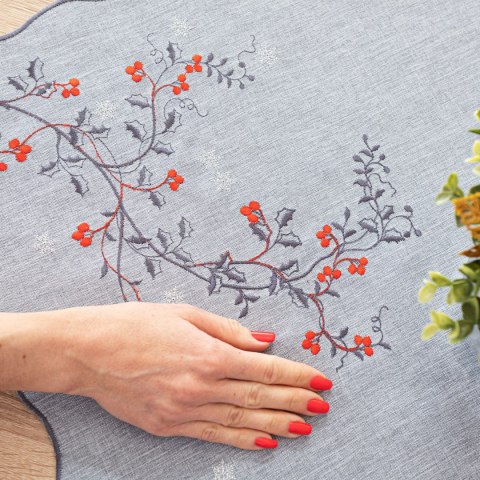 JARZĘBINOWY BLASK Bieżnik z haftem, 40x140cm, kolor 007 szary 645310/KSP/007/040140/1