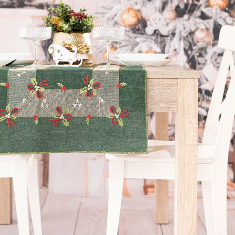 ŚWIĄTECZNE KOKARDKI Bieżnik z haftem, 40x140cm, kolor 002 zielony 295161/KSP/002/040140/1