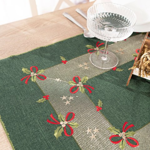 ŚWIĄTECZNE KOKARDKI Bieżnik z haftem, 40x140cm, kolor 002 zielony 295161/KSP/002/040140/1