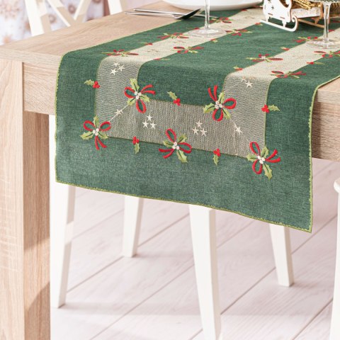 ŚWIĄTECZNE KOKARDKI Bieżnik z haftem, 50x100cm, kolor 002 zielony 295161/KSP/002/050100/1