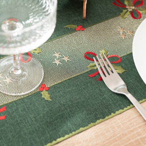 ŚWIĄTECZNE KOKARDKI Bieżnik z haftem, 50x100cm, kolor 002 zielony 295161/KSP/002/050100/1