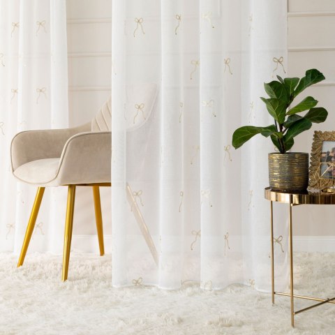 KOKARDKA Firana gotowa na etaminie, haftowana, na przelotkach z ołowianką, 250x140cm, kolor biały/złoty