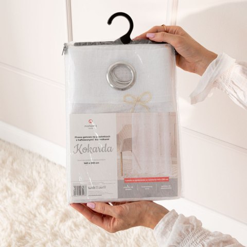 KOKARDKA Firana gotowa na etaminie, haftowana, na taśmie, z ołowianką, 250x140cm, kolor 002 biały ze złotym