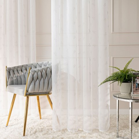 RIBBON Firana gotowa na woalu w diamentowe kokardki, na srebrnych przelotkach z ołowianką, 250x140cm, kolor biały