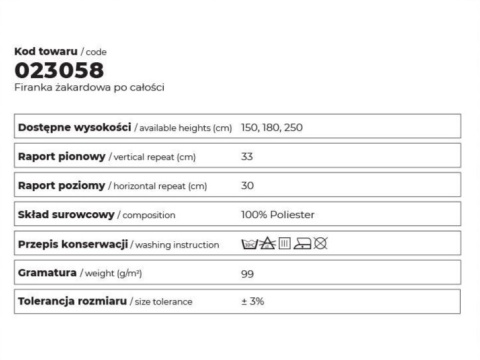 Firanka biała żakardowa po całości wys.180cm 023058