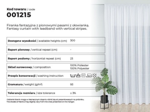 Firanka fantazyjna z pionowymi pasami z ołowianką, wys. 300cm, kolor biały z czarnym 001215/OLO/007/000300/1