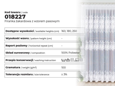 Firanka żakardowa, pasowa, wys. 180cm, kolor biały 018227/000/001/000180/1
