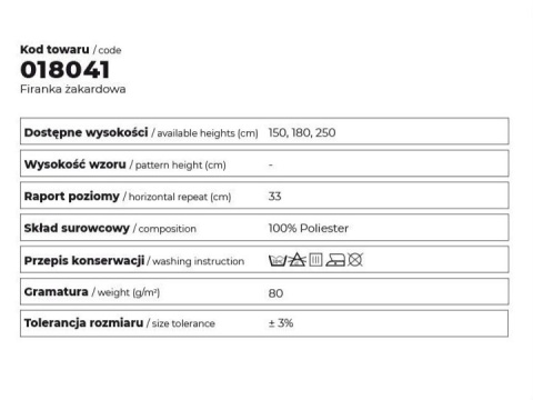 Firanka żakardowa ze wzorem po całości, wys. 160cm, kolor biały 018041/000/001/000160/1